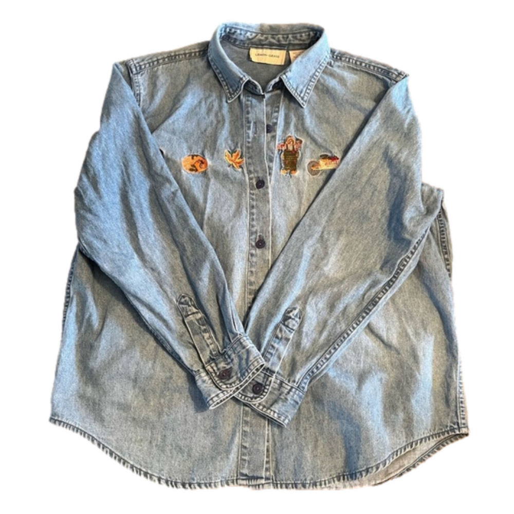 Vintage Lemon Grass VTG denim shirt fall embroidery‎ PL leaves pumpkin scarecrow